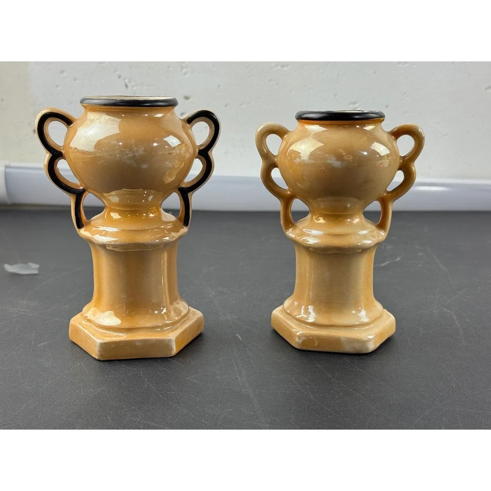 Vintage Czech Lusterware Miniature Trophy Vases Peach Iridescent Art Deco